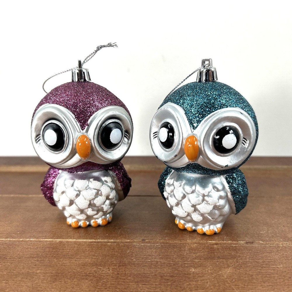 Set of 2, Christmas Owl Birds‎ Pink Blue Glitter Plastic Body 4" Hanging Decor